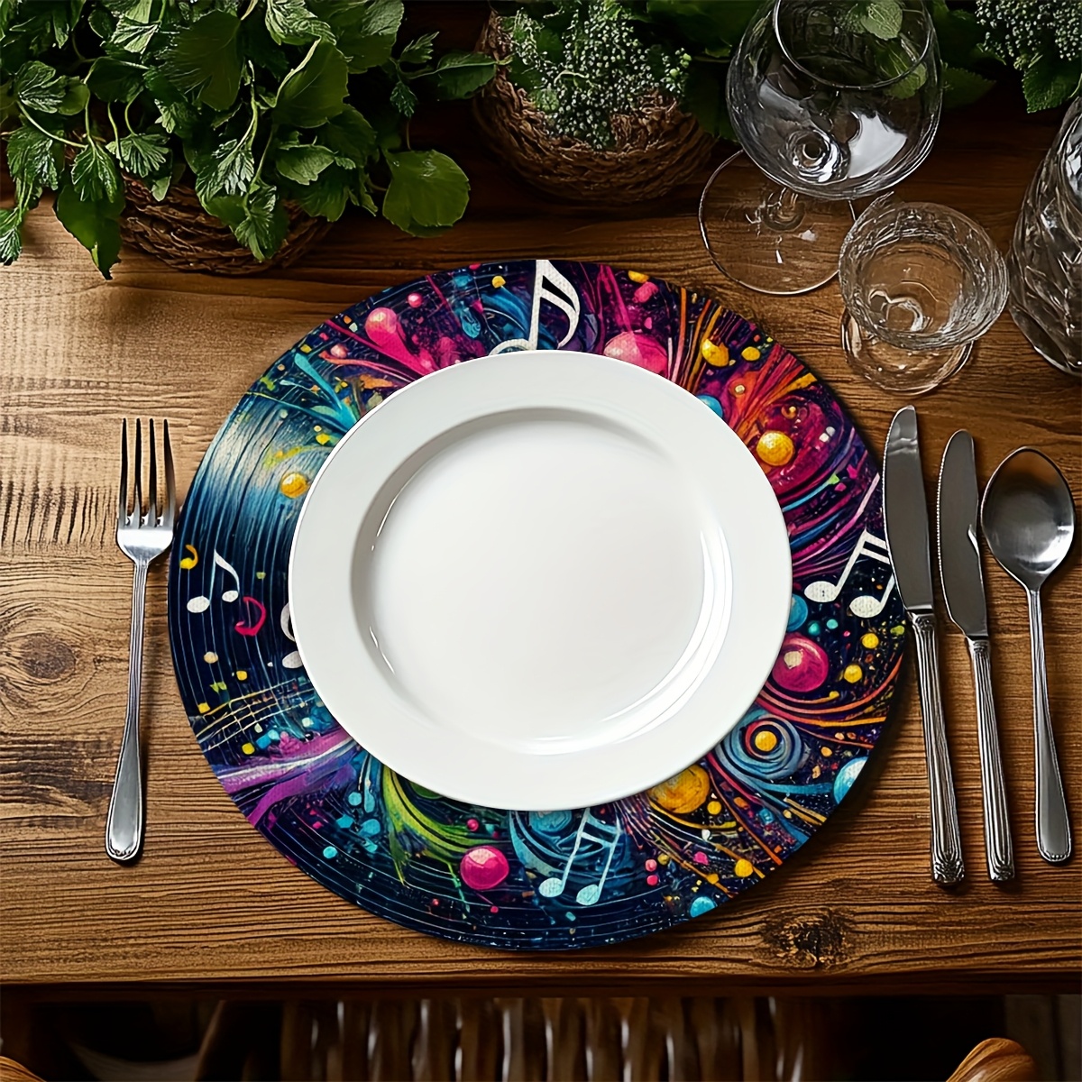 TEMU Lot de 6 sets de table rétro disque vinyle, décoration de table à manger - Motif disque vinyle avec notes de musique et , pour table de fêtes à