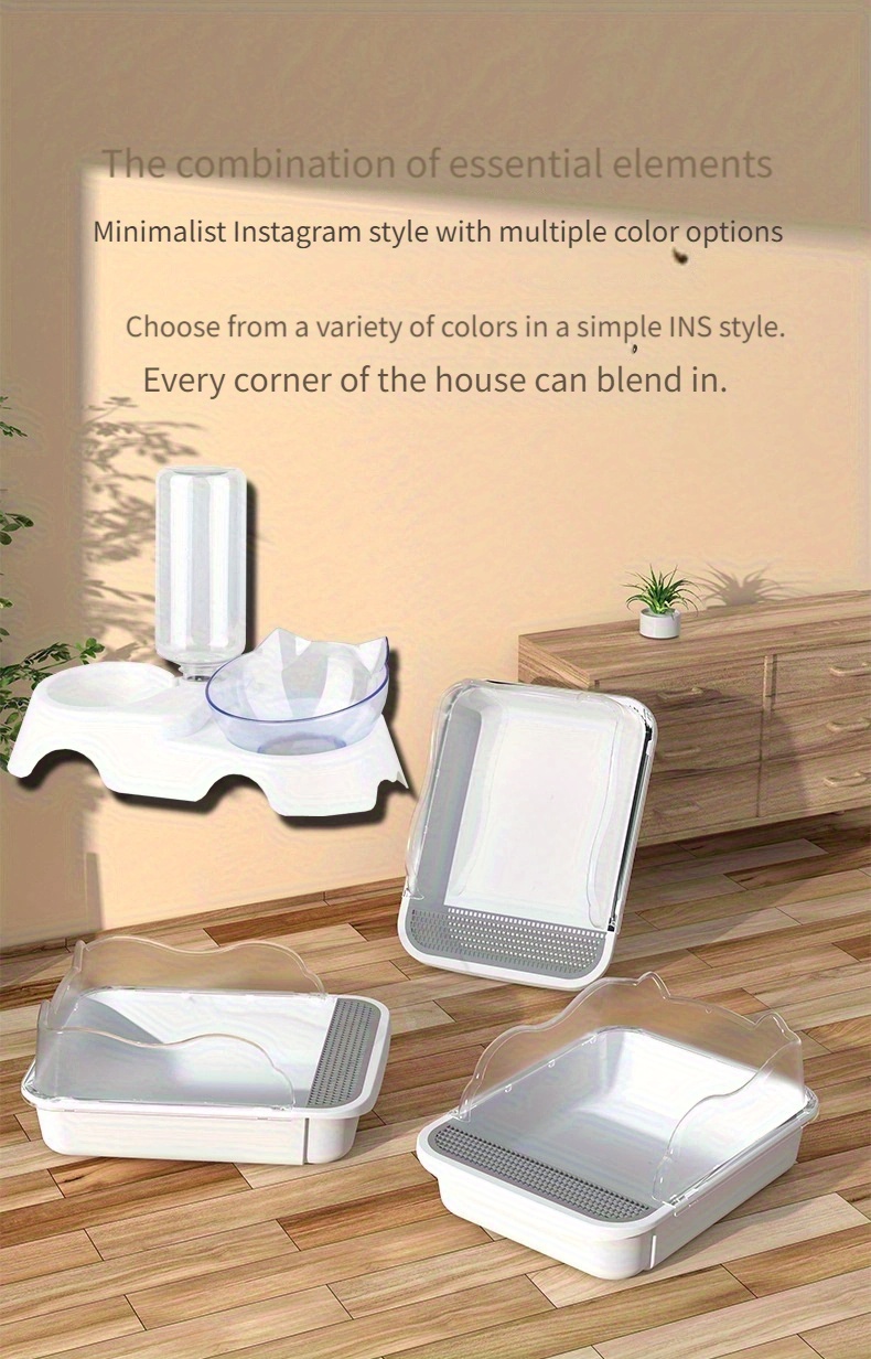 3pcs White Cat Care Suit: Durable ABS Slope Cat Litter Box with Automatic Water Adding Function, Includes Cat Litter Scoop and Double PP Drinking Bowls- Suitable for Cats, Cat Care Essentials| Practical Pet Supplies| Easy-to-clean materials