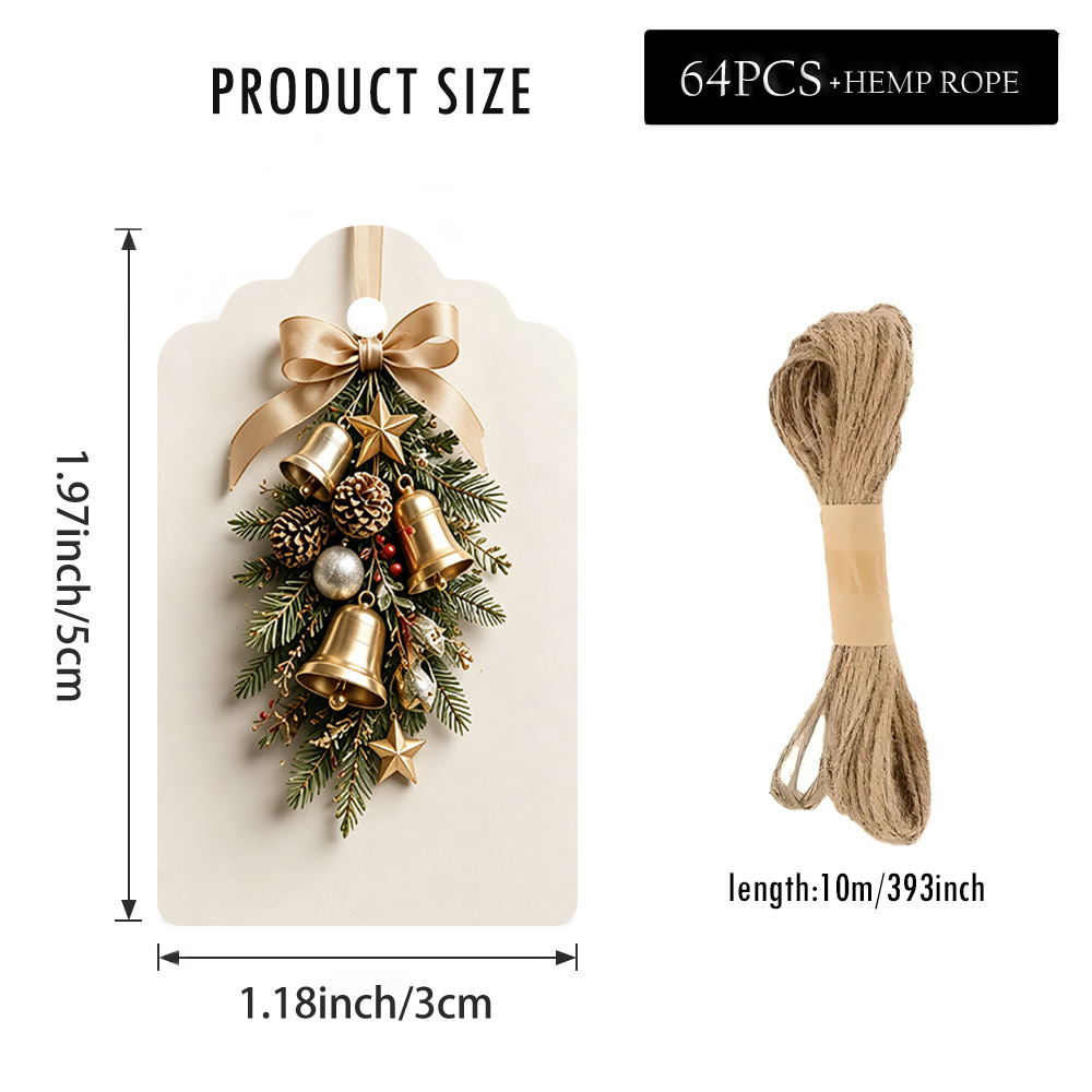 TEMU 64pcs Christmas-themed Gift Tags With , 2d Printed, Featuring Decorative Metal Bells, Evergreen Branches, Pine Cones, Spherical Ornaments, And