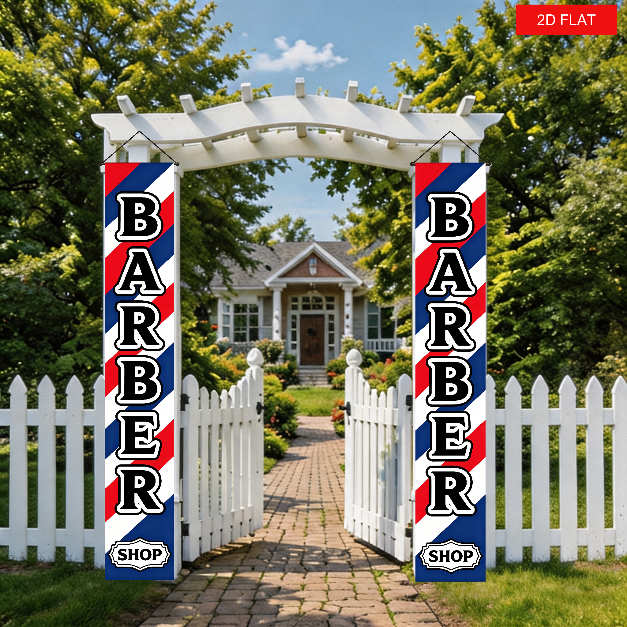 TEMU 2d Flat, 2d Flat Banner, 2pcs Barber Shop Sign Themed Couplet Door Side Hanging Banners, Red, White, And Blue Twill Background With Black And