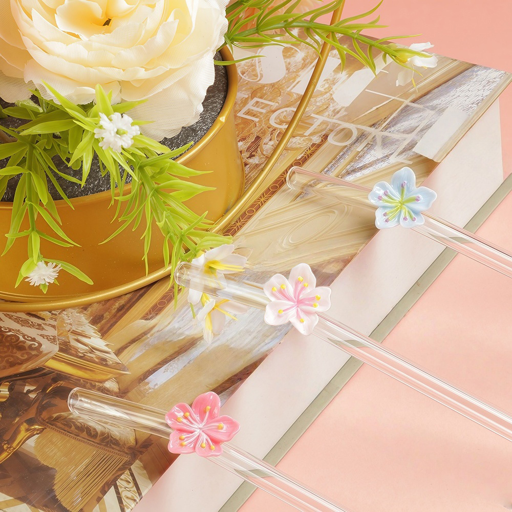 E-shop 4 Stück, Wiederverwendbare Glasstrohhalme mit Blumenmuster, 3 Strohhalme & Bürste, für , Partys, Hochzeiten, Thanksgiving, Weihnachten,