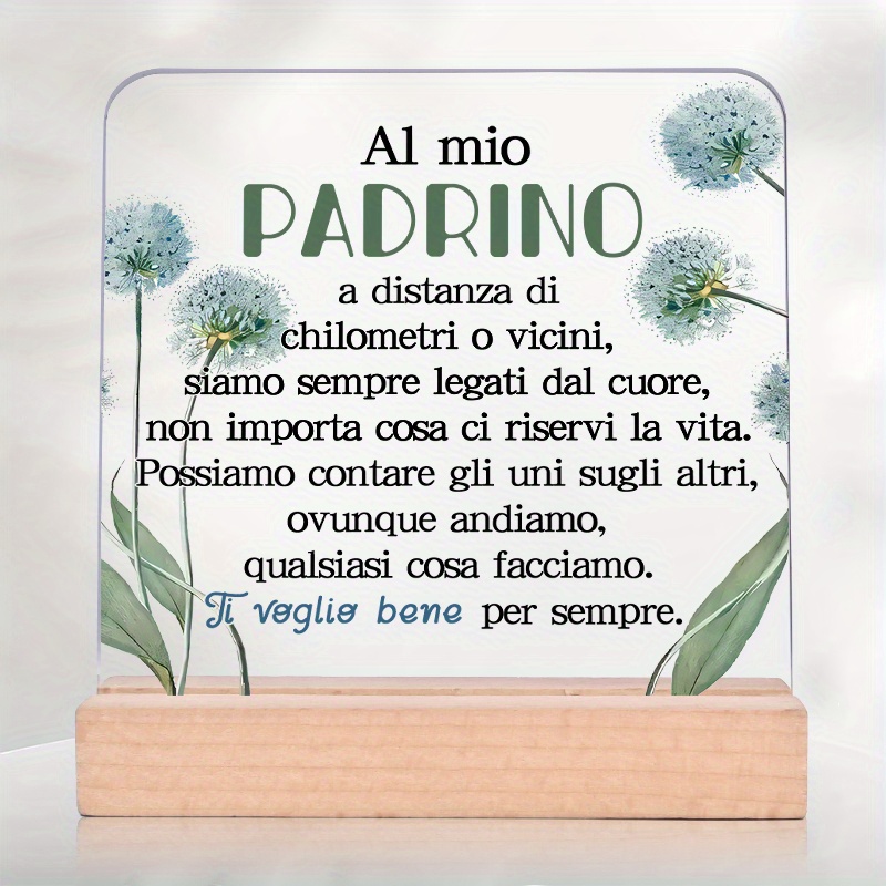 TEMU 2d Flat, 1pc Acrylic Italian Sign With Wooden Base - "to My " Quote In Italian, Dandelion & Greenery Design, Decor, Desktop Tabletop Decoration,