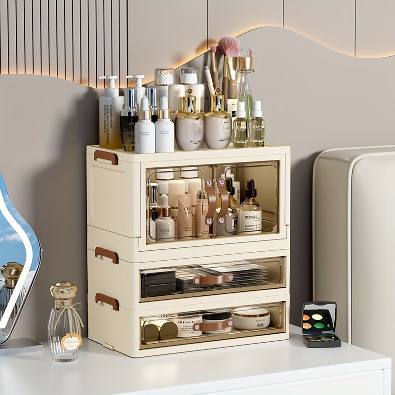 TEMU Three/ 4 Floors Foldable Large Capacity Cosmetic Storage Cabinet With Transparent Drawers Stackable Plastic Organizer For Makeup, Skincare,