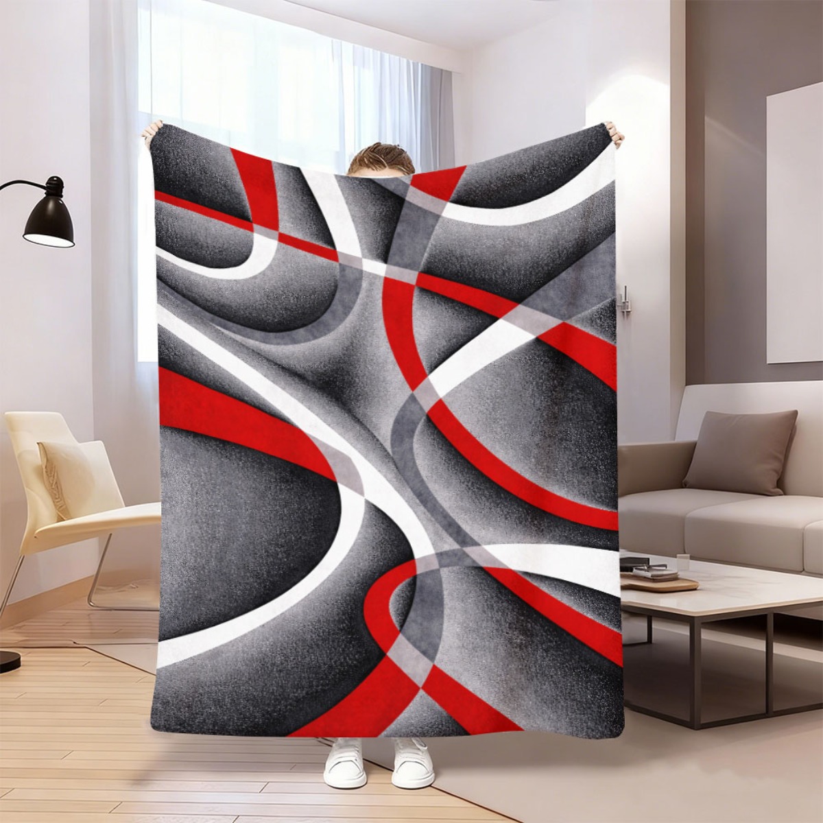 TEMU 1pc Abstract Red White Grey Wavy Textured Pattern Flannel Blanket , , Vibrant Colors, Ultra Soft Perfect For Relaxing Evenings With This Flannel