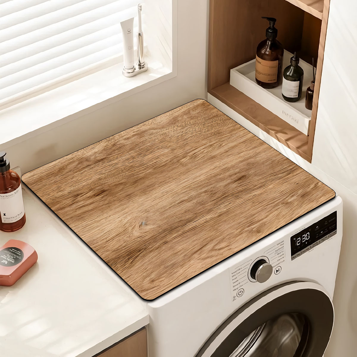 TEMU 1pc Modern Washing Machine Absorbent Mat, Dryer Table Protector - Wood Grain Printed Pattern - Washing Machine Lid Pad, Coffee Machine Mat,