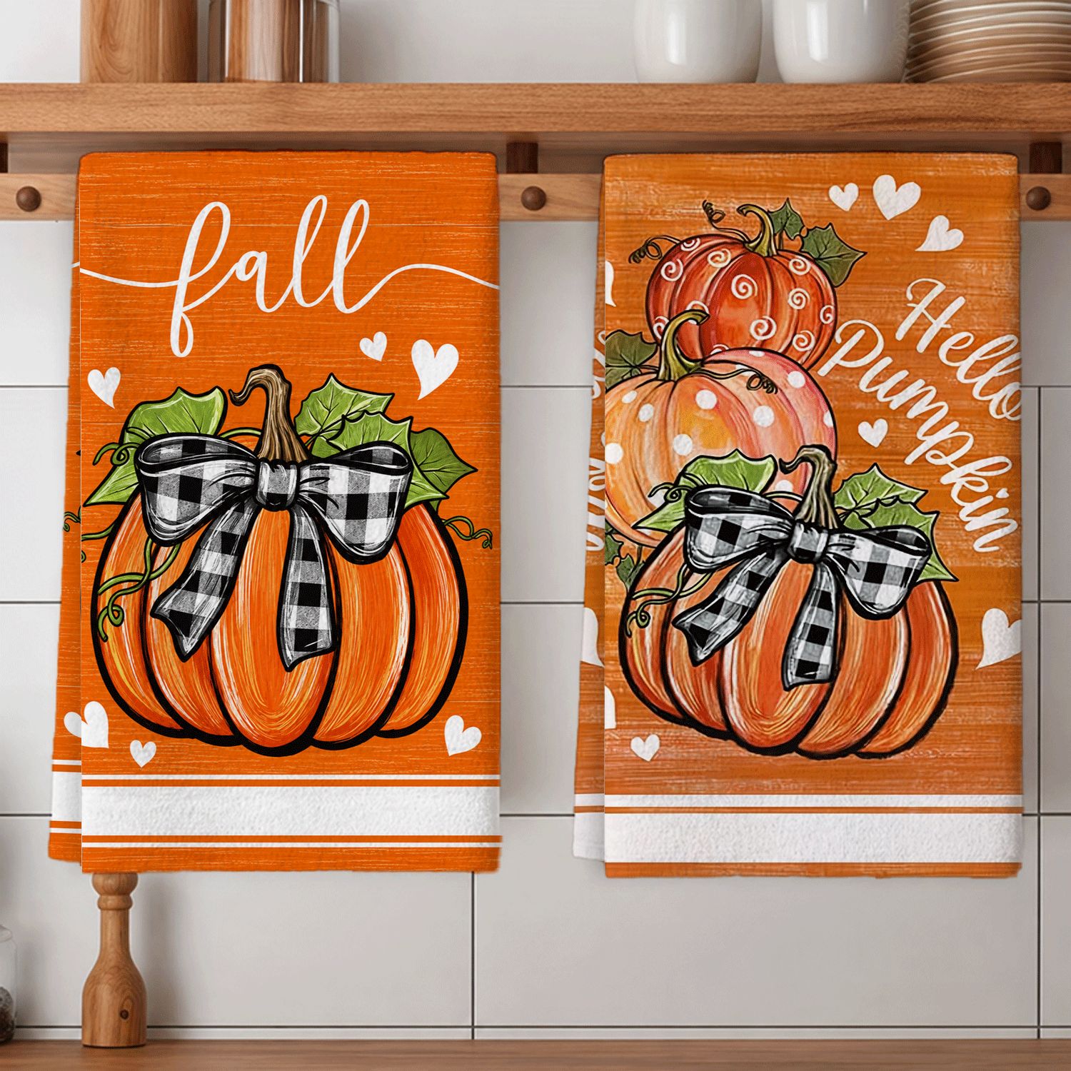 TEMU 2-pack Autumn Pumpkin Pattern Kitchen Towels Dishcloths, "hello Pumpkin" Thanksgiving Halloween Kitchen Decor Rags, Absorbent Hand Towels Table