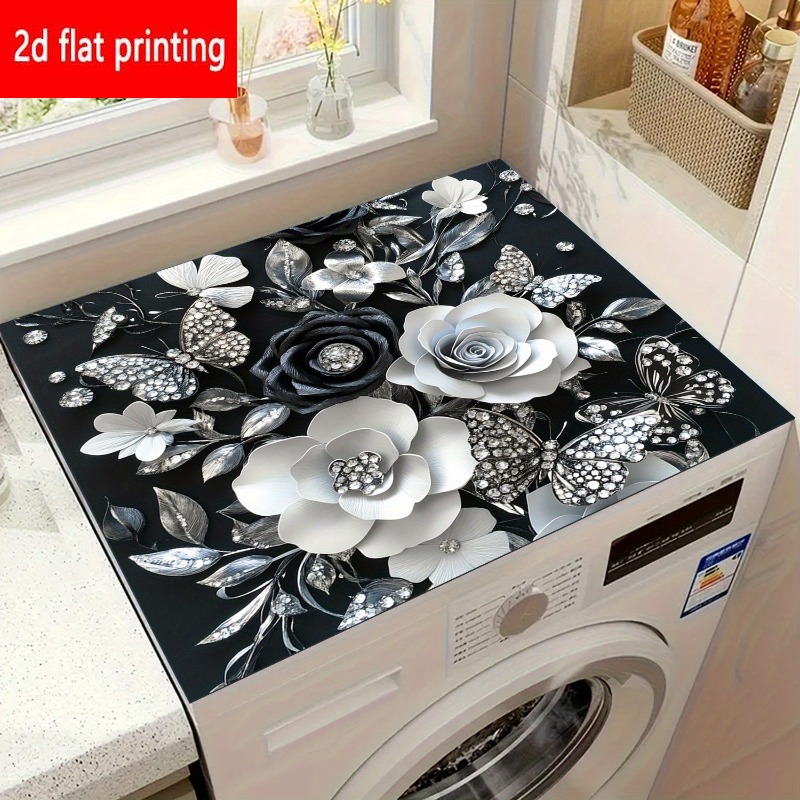 TEMU 2d Flat Printing, 1pc, Floral Absorbent Placemat, Printed With White, Gray, And Silvery Butterflies And Flowers, Non-slip Rubber Material,