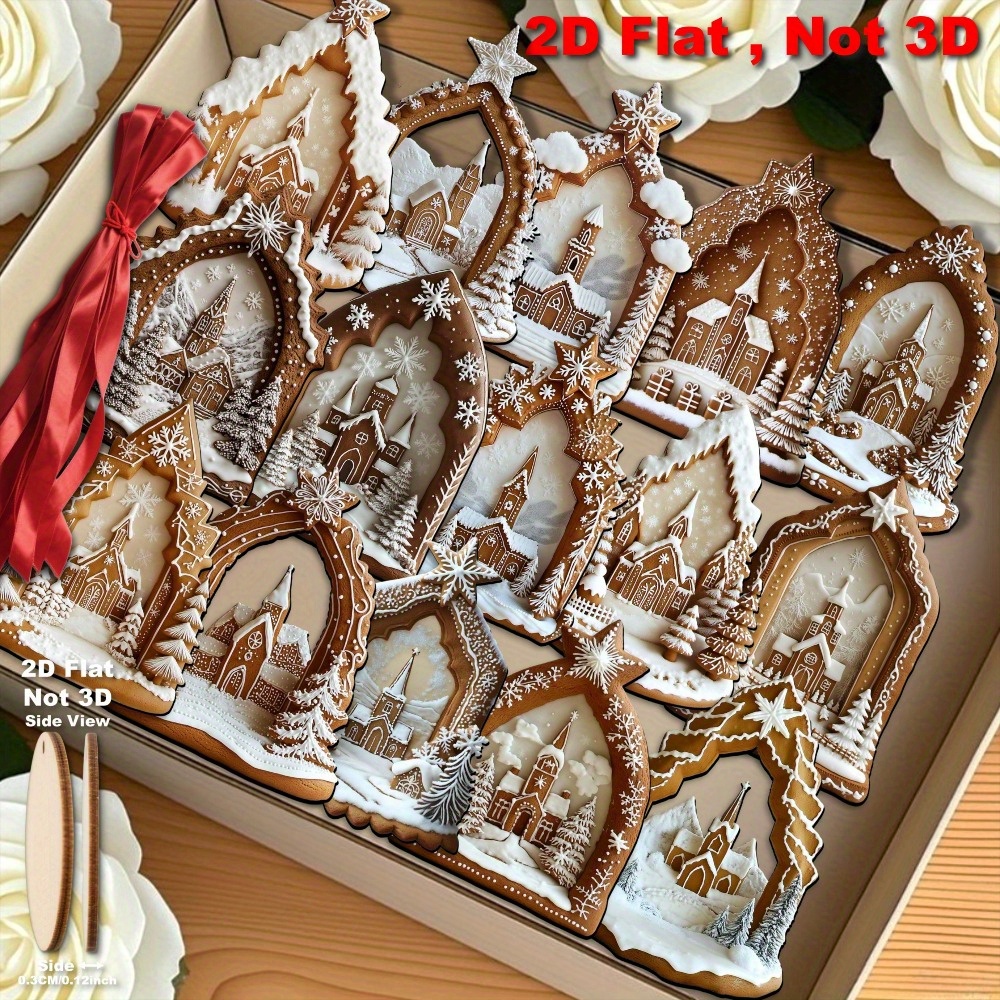 Image of 2d Flat, 15pcs Set (1 Set) Wood Wood Gingerbread House & Mini Scene Ornaments - Christmas Decoration With Gingerbread Men, Icing Details For Hanging - For Home, Tree, Party, Car Mirror, 2d Flat