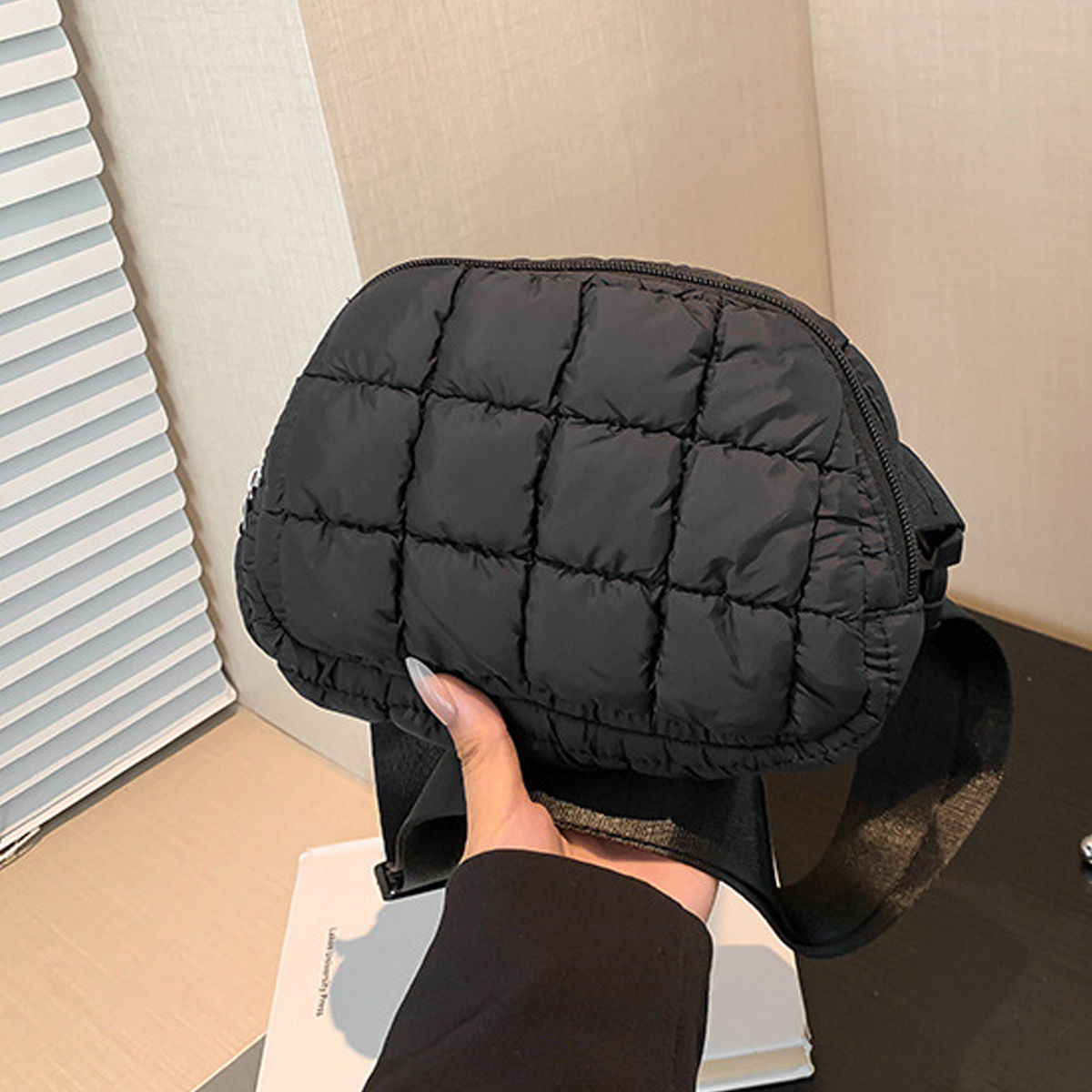 dopamine pleated cloud bag crossbody bag elegant quilted puffer clutch chic solid color lightweight warm with zip closure for women puffer quilted fanny pack crossbody sling bag purse women puffer belt bag quilted chest bag puffy waist bag details 4