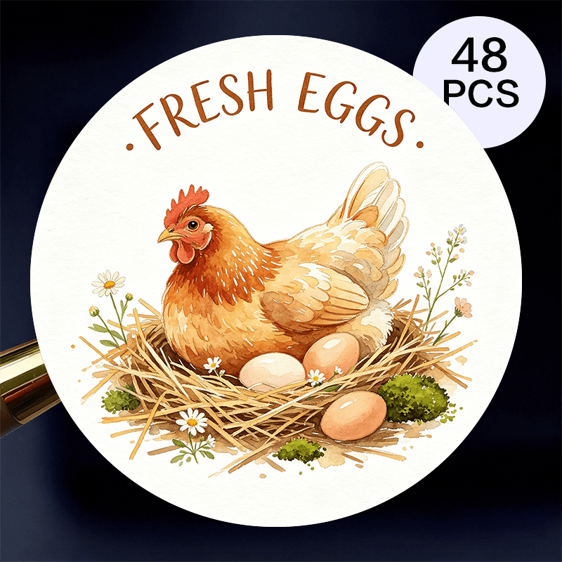 TEMU 48pcs Round Fresh Eggs Stickers, Watercolor Nesting Hen And Daisy Labels, Self-adhesive Seals For Homemade Egg Cartons, Packaging, Jars, Gift