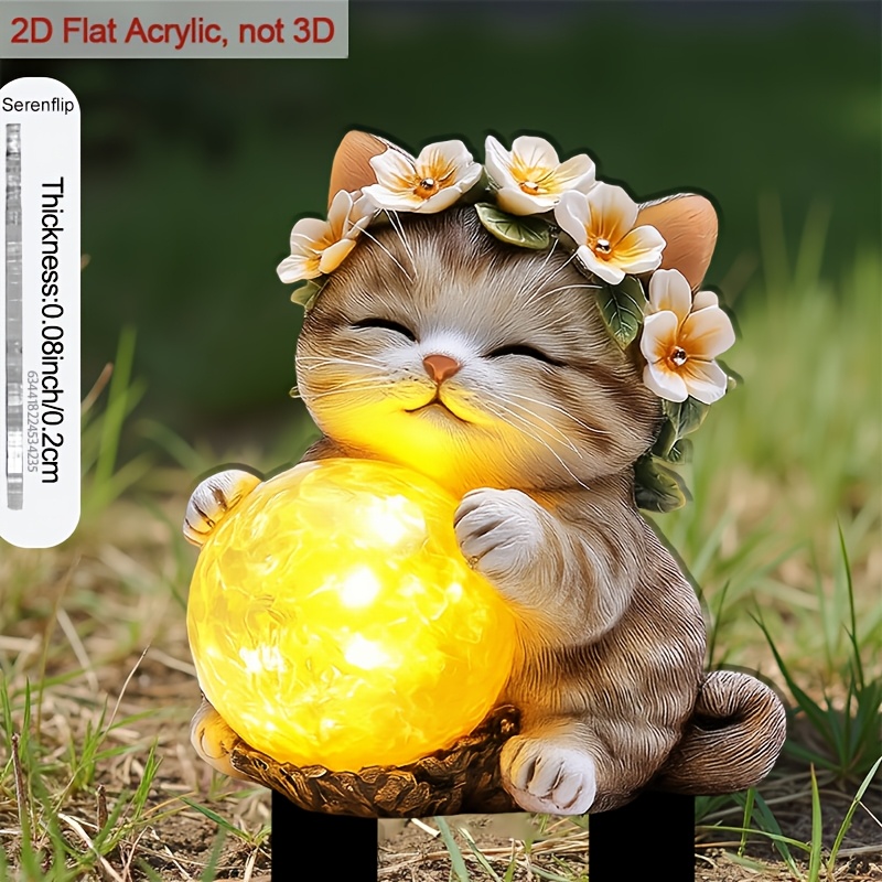 E-shop 2D-Flach, [2D-Flach] 2D-Flach-Design, 1 x 2D-flacher Acryl-Gartenstecker mit spitzem Fuß – Schlafende Katze mit Blumenkranz leuchtender Kugel,