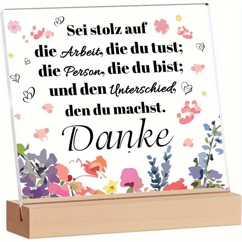 E-shop 2D Flachdruck, Deutsches "Danke" Acrylplakette mit Sockel - Blumenmuster & Aufrichtige Segenswünsche, Büro- und Heimdekoration,