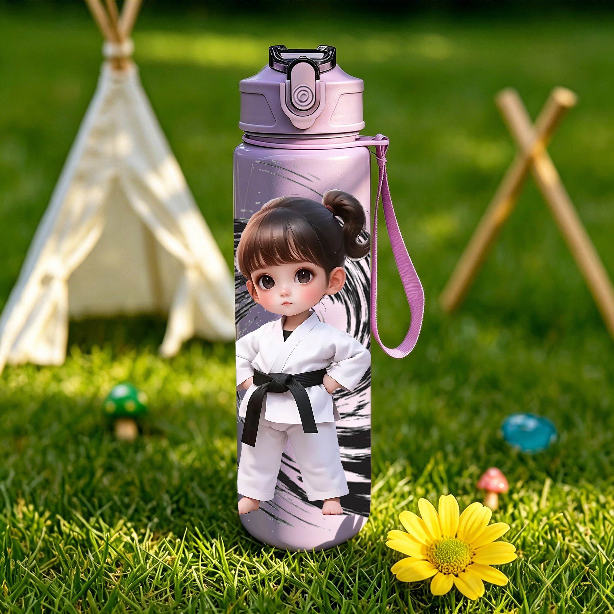 TEMU 1pc Black Karate Cute Print, 750ml/26oz Nine-color Plastic Sports Water Bottle, Cute Print, Leak-proof With Pop-up Lid, Lightweight, Durable,