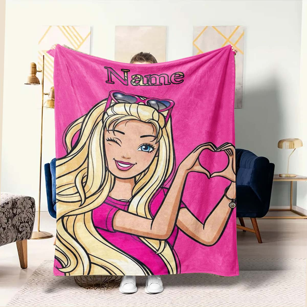 

1pc Customizable Cute Girl Name Soft Flannel Blanket, Contemporary Printed Polyester Throw For Office Chair, Living Room Sofa, Camping - All Gift For