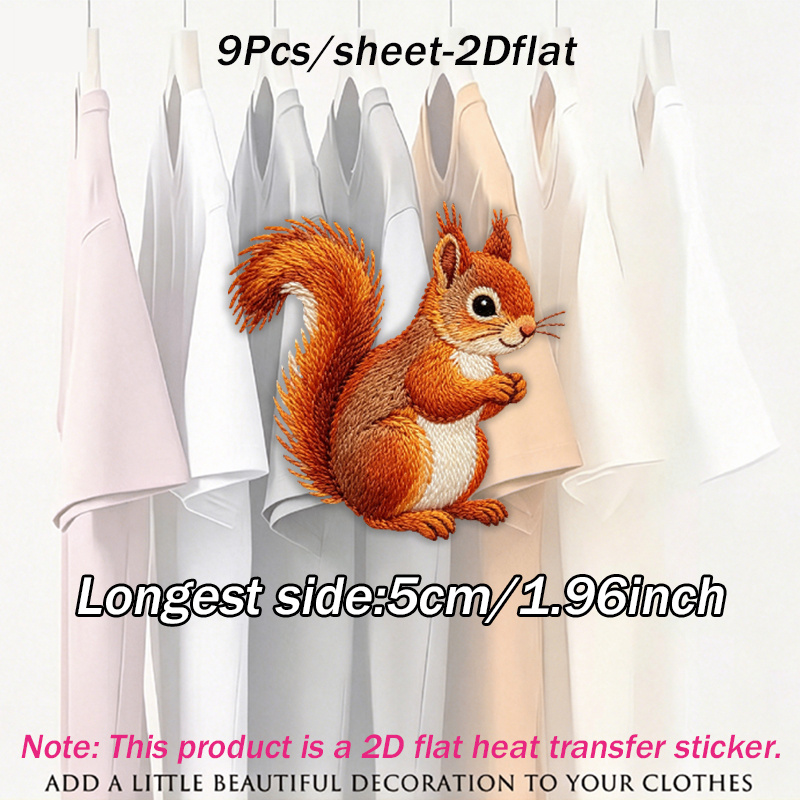 TEMU 9pcs/sheet Red Squirrel Patch Heat Transfer Stickers Are Suitable For Flat Fabrics Such , Hats, Canvas Bags, Throw Pillows, Leather, Bed Sheets,