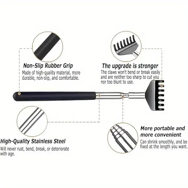 3 pack back scratcher with telescoping handle extendable retractable back massager portable back scratcher with elegant design heavy duty construction for home ideal gift for men women coworkers friends stocking stuffers for birthday christmas housewarming storage bag tool build tool wellness enthusiasts Product details 1