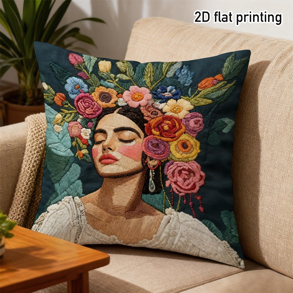 TEMU 1pc Of Floral Throw Pillow Cover Featuring A Woman's Portrait, Showcasing Double-sided Prints With Bright Flowers And Green Foliage. Made From