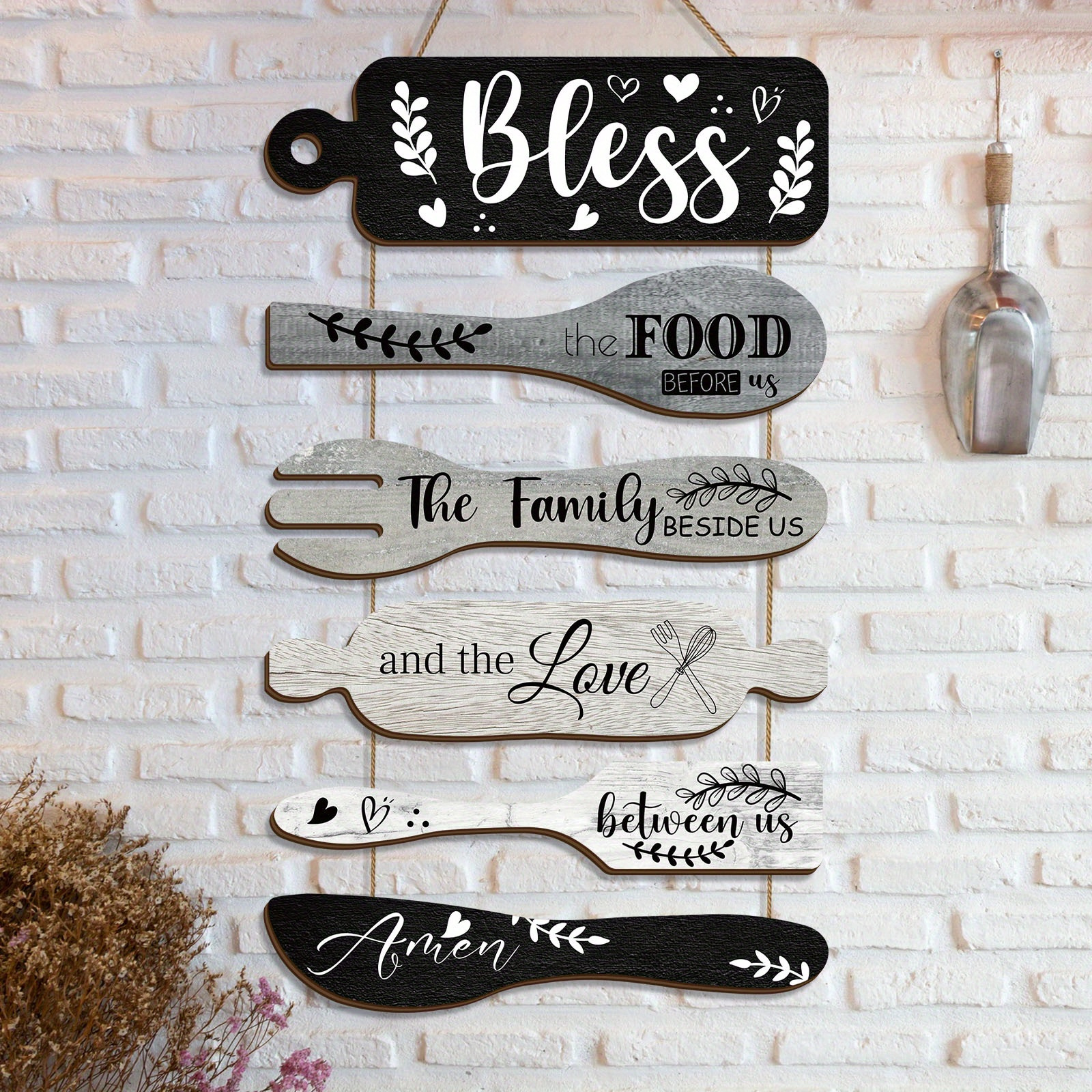 TEMU 2d Flat 6pcs Set Farmhouse Kitchen Wall Decor Set - " The Food Before Us" And More Phrases, Black And White Wooden Signs With Jute Rope For Easy