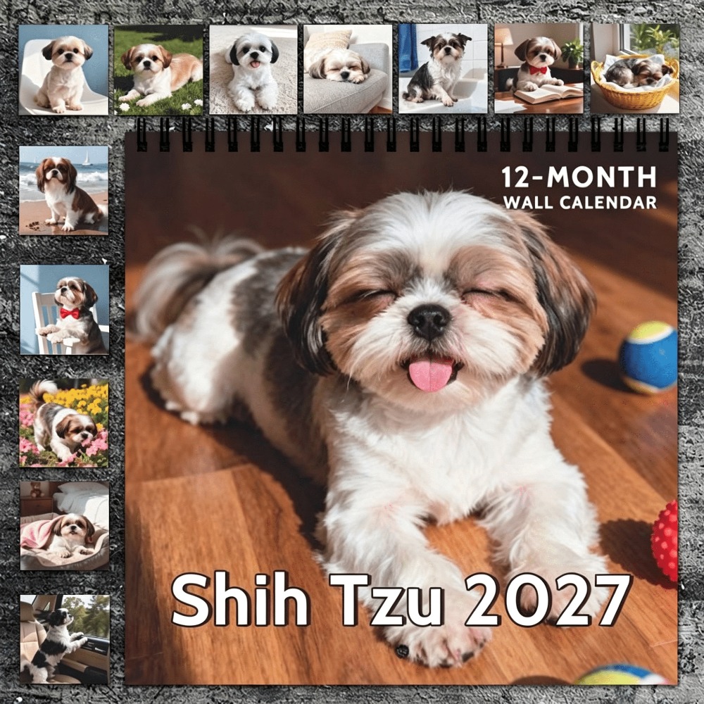 TEMU Calendrier mural 2027, Agenda calendrier 2027 Chien Shih Tzu, avec une mise en page à grille large de 12 mois, incluant des photos mensuelles et