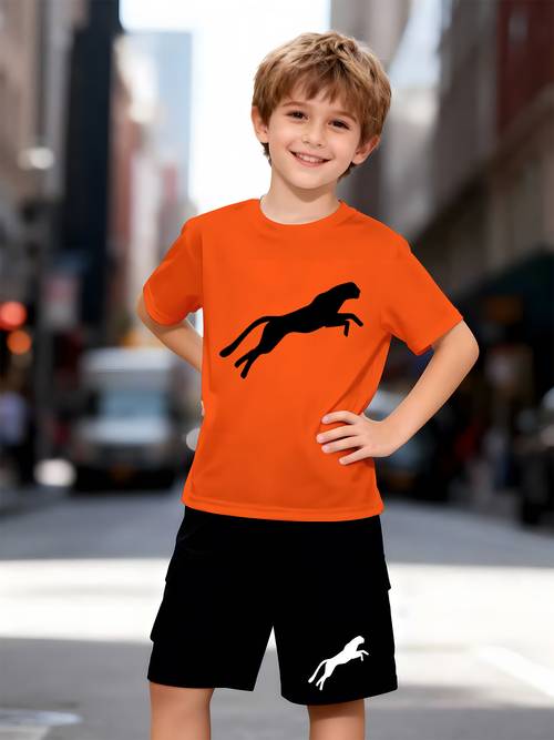 2er-set jungen t-shirt und shorts mit tierdruck | lässige sommer outdoor-bekleidung mit rundhalsausschnitt und normalem schnitt, für draußen