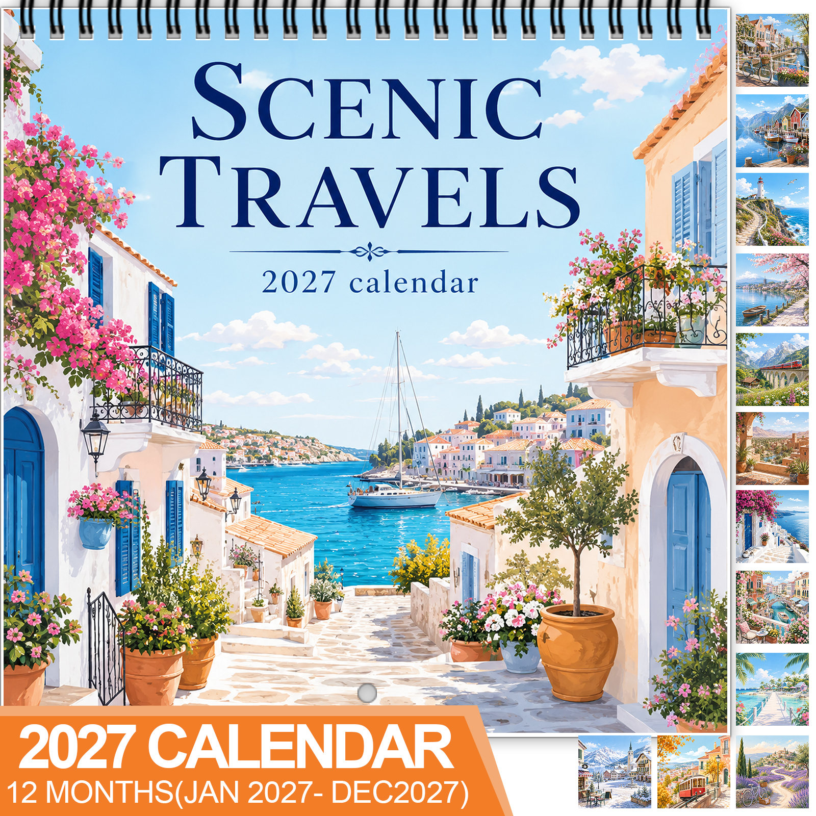 TEMU 2027 Scenic Travels Wall Calendar & Hanging Calendar, Spiral-bound 12-month Calendar With Large Blocks, Marked Holidays, Thick Paper Organizer,