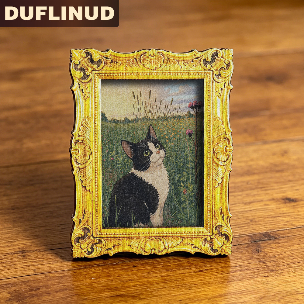 TEMU Rustic Cat Refrigerator Magnet, Mini, Micro, Black And White Cat Pattern Sitting On Grass, With Golden Vintage-style Border, Wooden Fridge