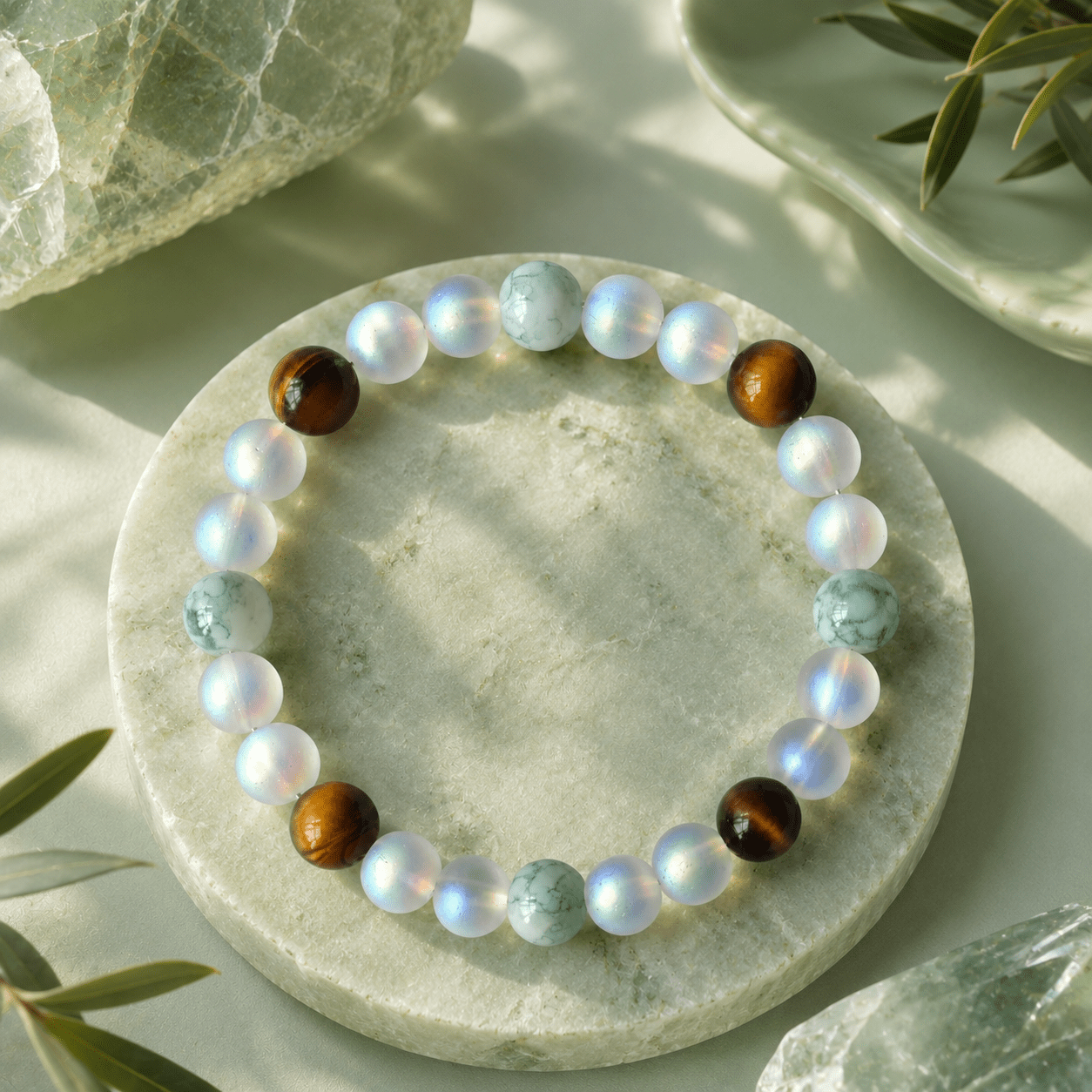 Wealth Bead Bracelet with Mossy Agate, Moonstone & Tiger's Eye