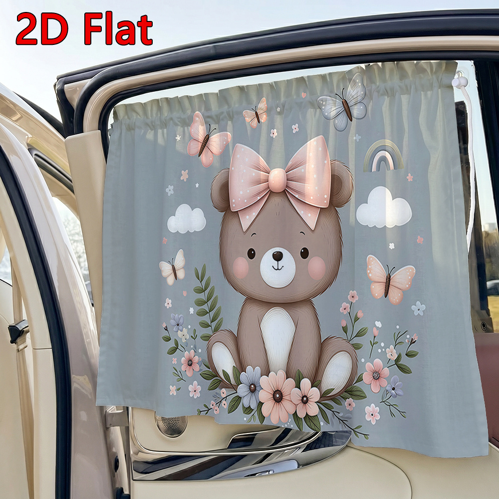 TEMU 1pc 2d Flat Car Sunshade, Cartoon Bear And Print Adjustable Car Sunshade, Suction Cup Car Window Side Curtain, Summer Sun Protection And Heat
