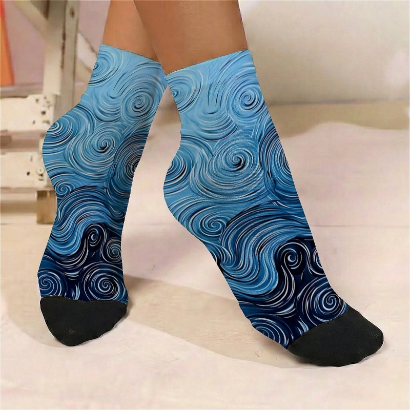 TEMU 1 Paar Damen Socken, , dünn, blau, Wirbel-Welle, dynamisches Muster, , vielseitig, für Freizeit und formelle Anlässe, neu