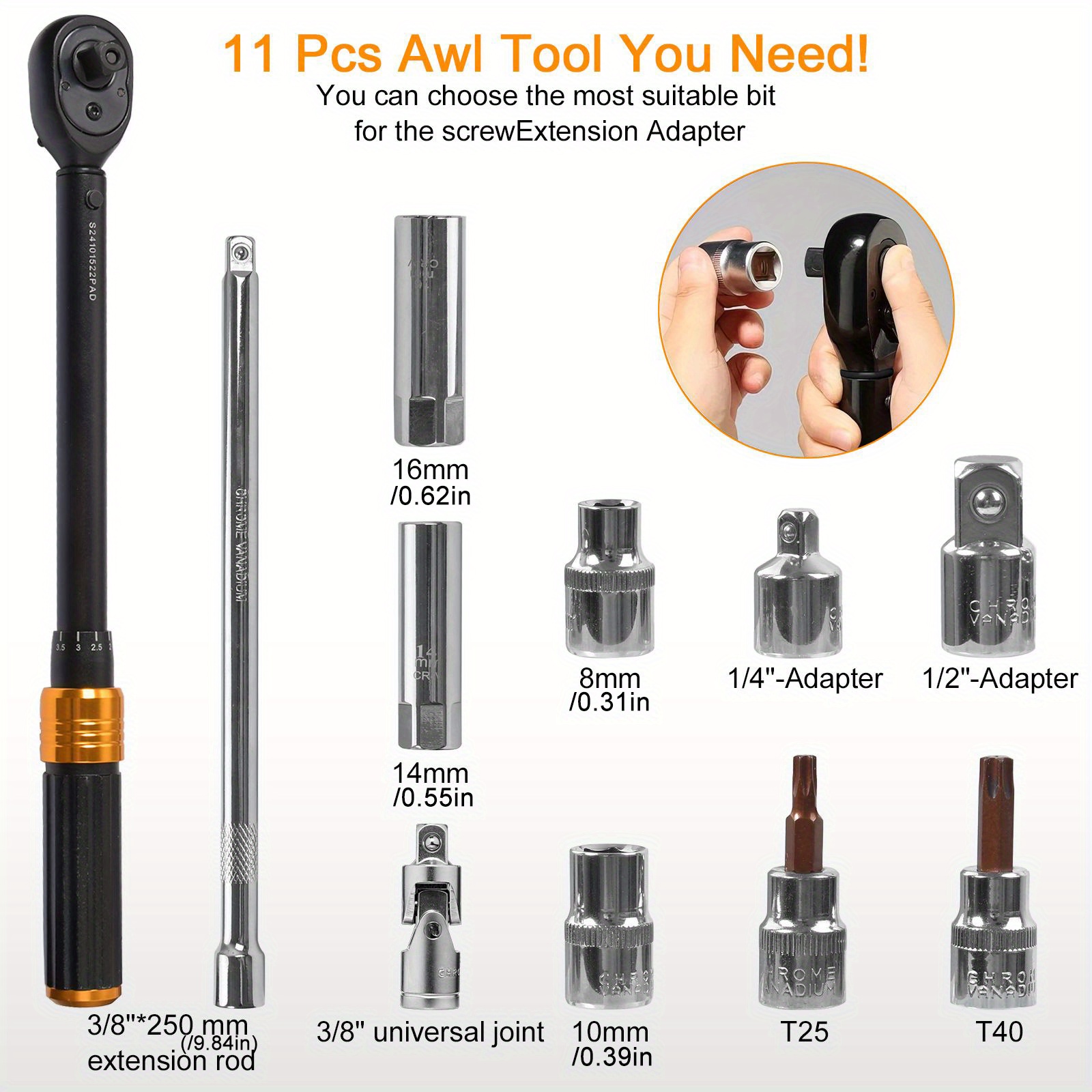 11pcs 3/8 Inch Adjustable Torque Wrench Set