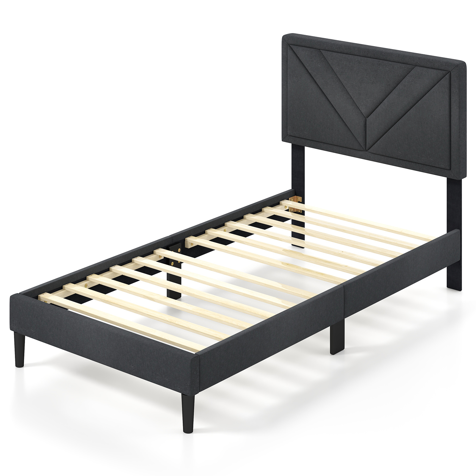 TEMU Twin-sized Wooden Bed Frame, Contemporary Featuring An Upholstered Headboard, Slatted Support For The Mattress, For A Box Spring, Easy To Assemble, In Gray Color