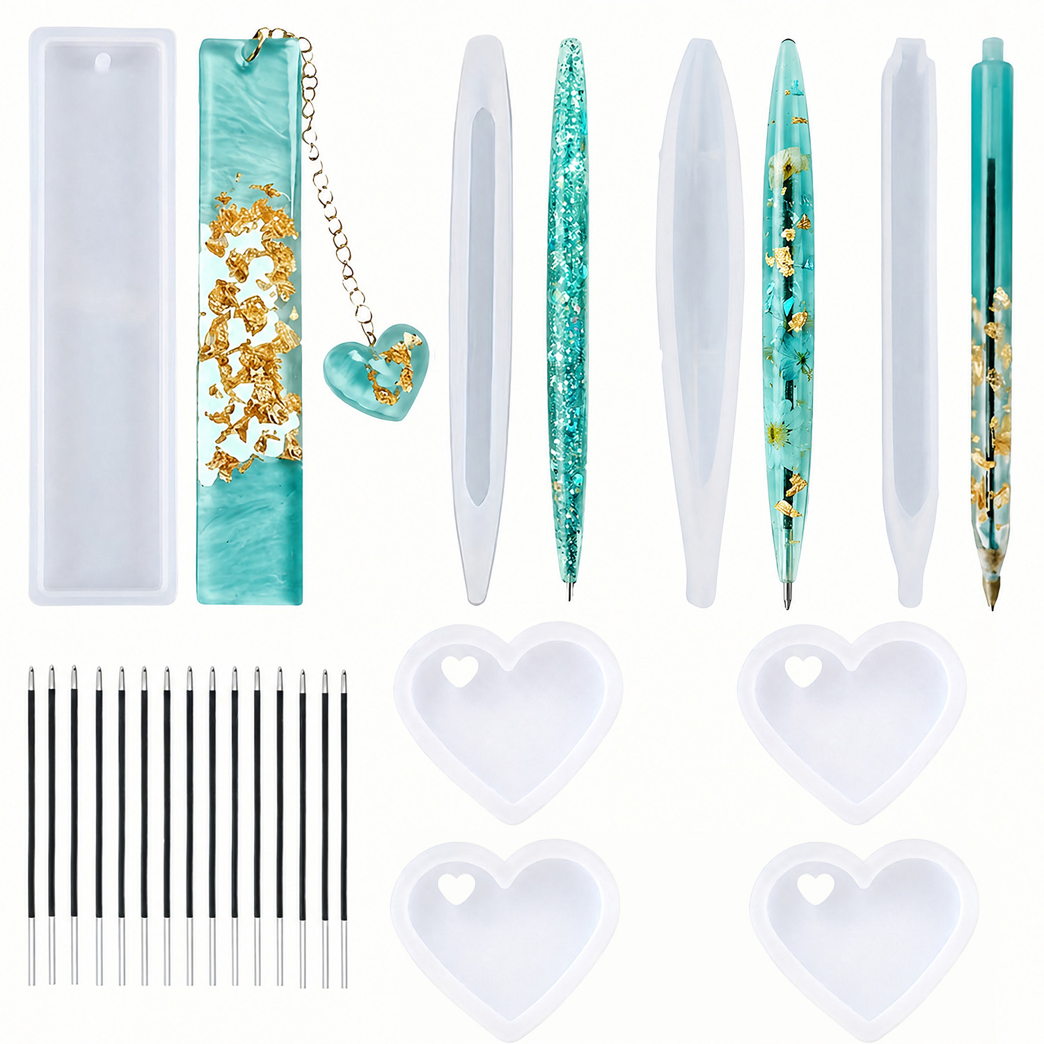 TEMU 23 Sets Of Silicone Mold Kits, 4 Heart-shaped Keychain Molds, 3 Pen Silicone Molds, 1 Bookmark Silicone Mold And 15 Pen Tips. Molds Are Suitable