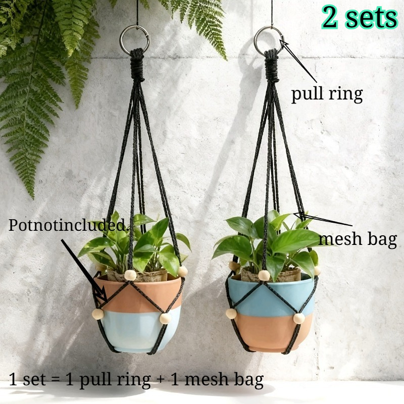 Image of 2 Sets Of Hanging Plant Nets That Your Plants To Into Mid-air. The Adjustable Ropes Fit Pot Sizes, Ensuring And Durability For Effortlessly A Wall-mounted Greenery Display!