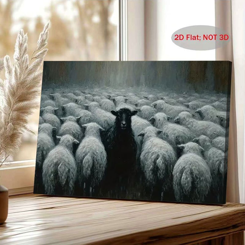 TEMU 2d Flat, 1pc 1pcs Wood-framed Canvas Poster - Black Sheep Vs Contrast Art Suitable For Modern Minimalist Wall Decor, Retro Sheep Painting For