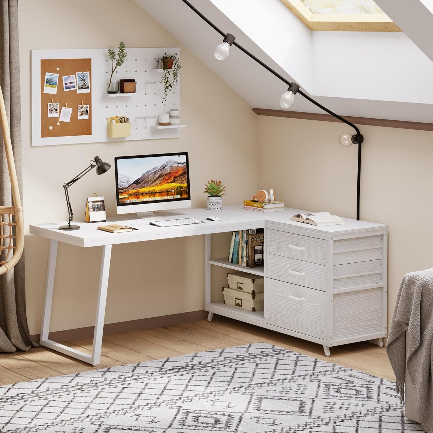 Image of L-shaped Desk With 3 Drawers, A Reversible Corner Design Suitable For Home Offices, Featuring Shelves And An Industrial-style 53-inch Work Table