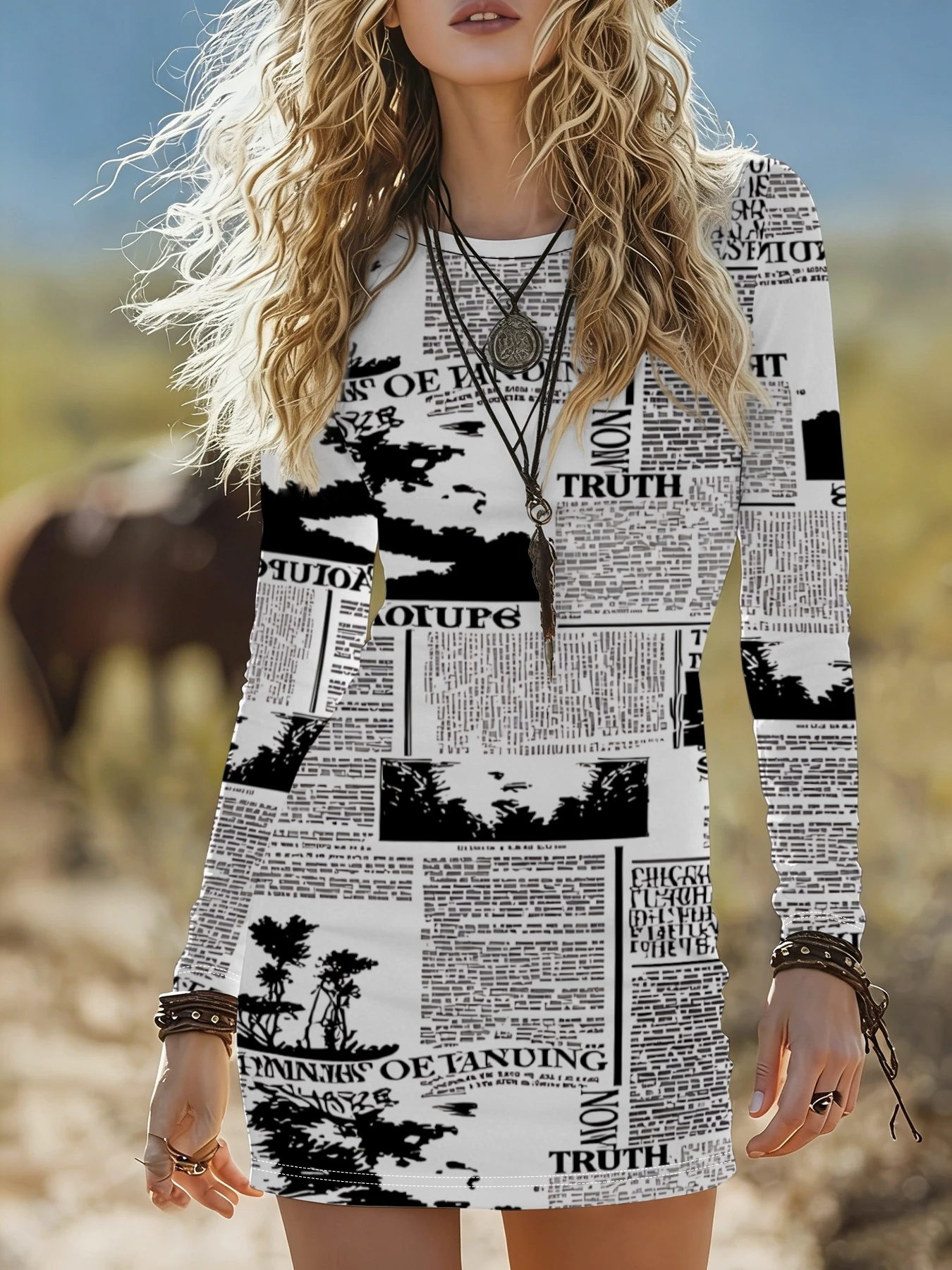item picture versatile retro newspaper print dress with round neck   fit and hip hugging short skirt