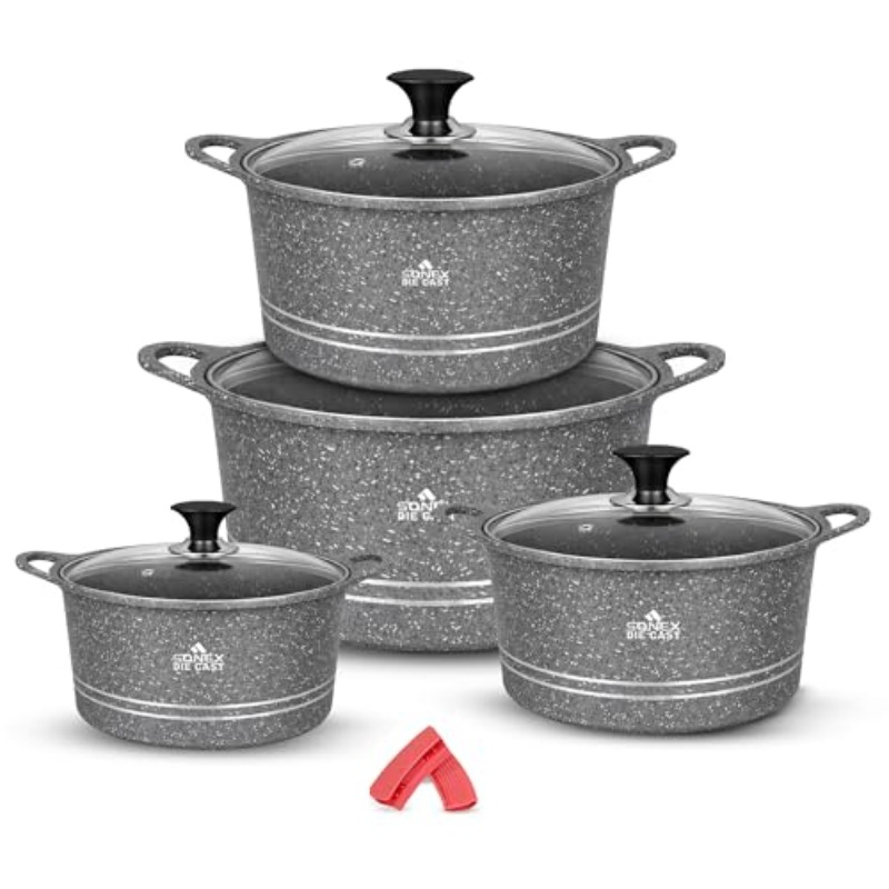   Eden King Die-Cast Casserole Cookware Set 10pcs Granite   Pots with Glass Lids and Silicone Holders   Free Stackable Dishwasher Safe 3L to 13L Grey Marble  