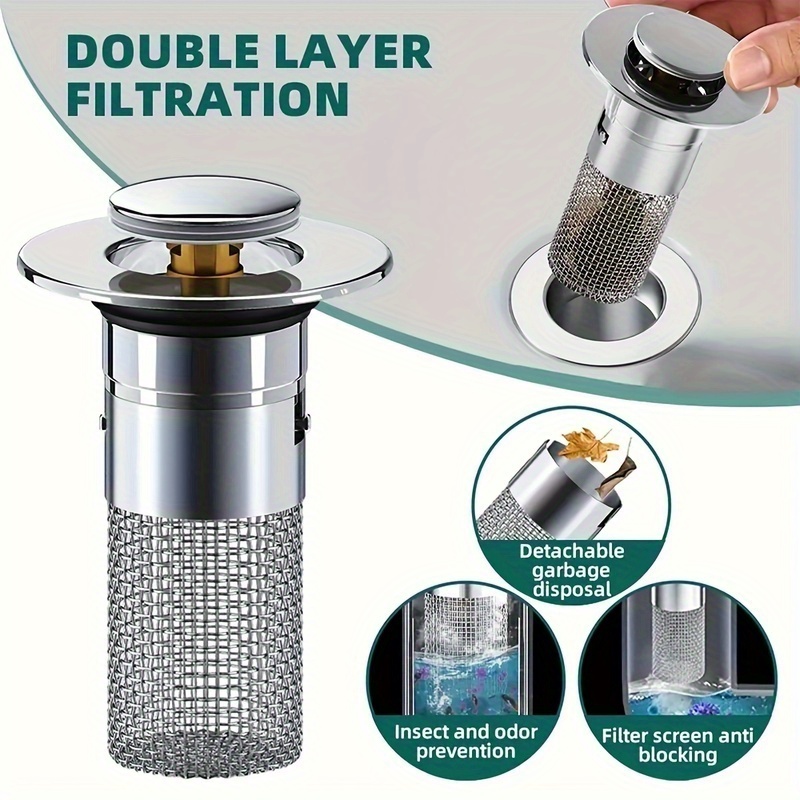 

1pc Stainless Steel Sink Drain Strainer, Anti-odor Bathroom Drain Filter Net, Abrasion & Stain Resistant, No Assembly, With Sink Stopper For Drainage System