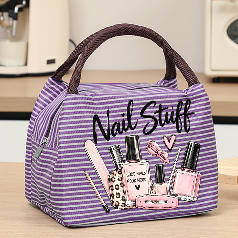 TEMU Nail Art Illustration Printed Handbag, Featuring "nail Stuff" Art Font, Durable Woven Handles, Zipper Closure Design, Convenient For Nail