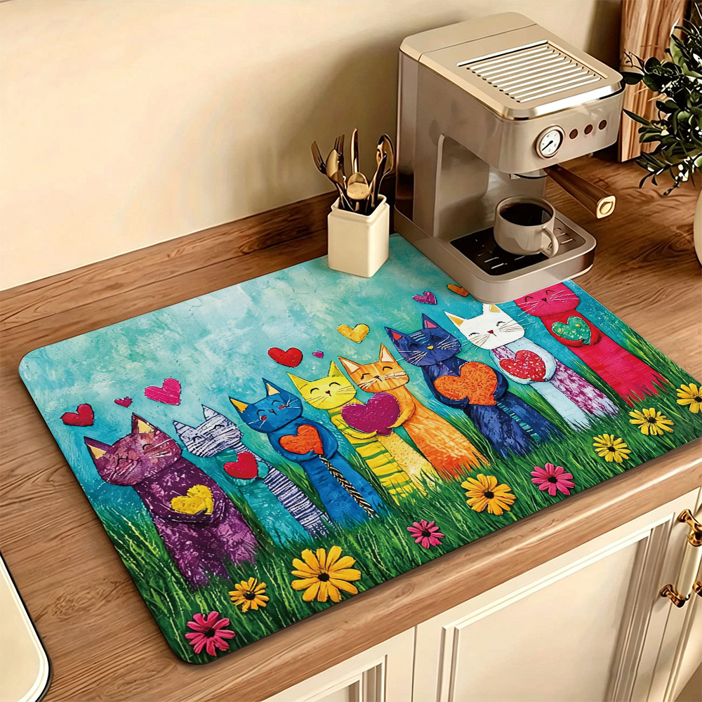 TEMU 1pc, Colorful Cat Print Dish Drying Mat/absorbent Placemat, Non-slip Rubber Backing, Features 6 Cartoon Cats In Various Colors And Floral