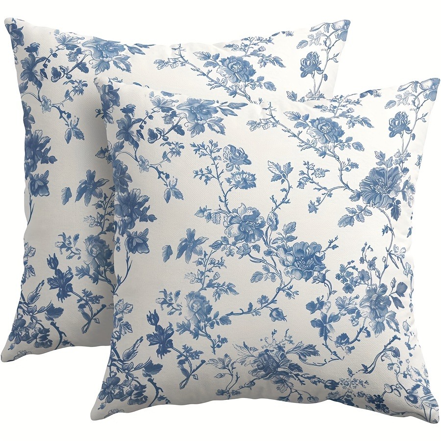 TEMU 2pcs Exquisite 18x18 Inch Polyester Pillow Covers With Delicate Blue Floral Single-side Print, No Pillow Core, Ideal For A To Your