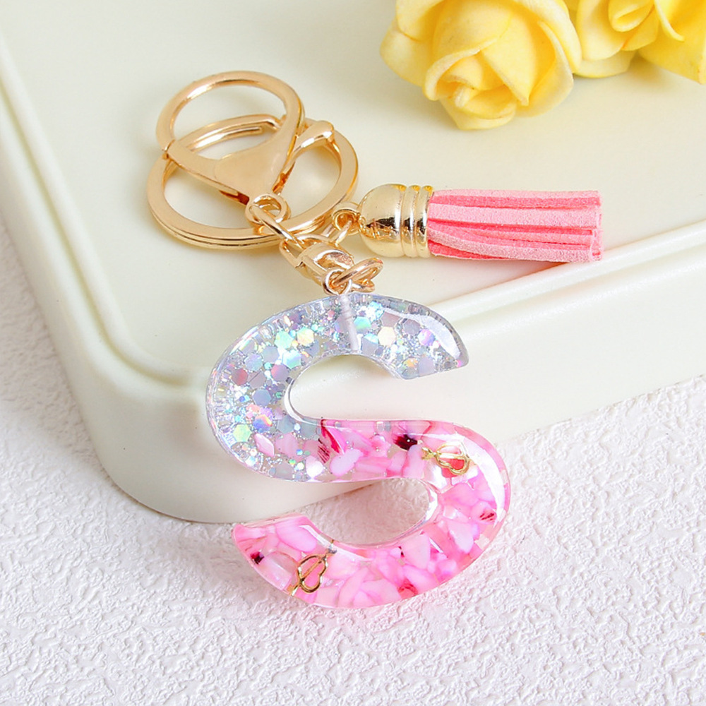 TEMU Europe And The United States Popular Key Chain Glitter 26 English Letters Tassel Key Chain Pendant Glue Resin Letter Pendant Christmas Women