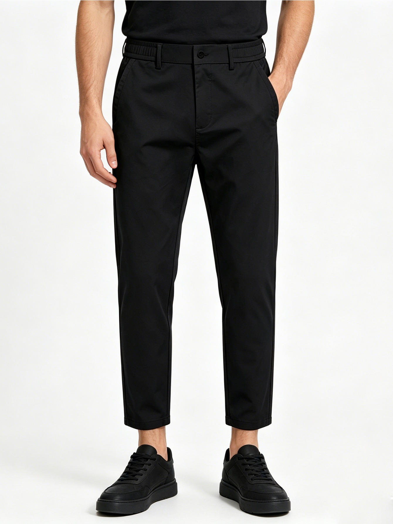 Men s Elastic Waist Straight Leg Ankle Pants,     9/10 Cropped Chino Trousers, Versatile Business Casual Dress Pants