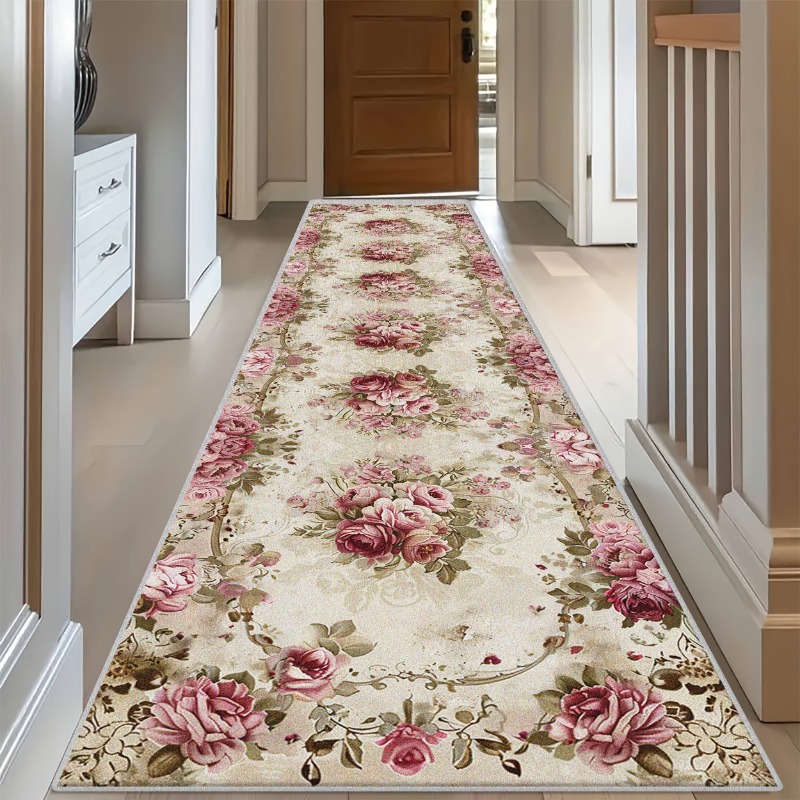 TEMU 1pc European Floral Pattern Hotel Welcome Long Floor Mat, Gorgeous Living Room Decorative Rectangular Mat, Machine Washable Bedroom Bedside