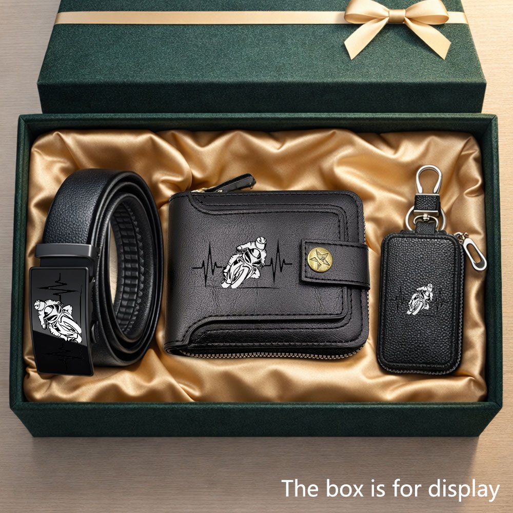 TEMU Ensemble de portefeuille pour homme 3 pièces avec motif de motard et de de cœur, collection d'accessoires décontractés, portefeuille rétro avec