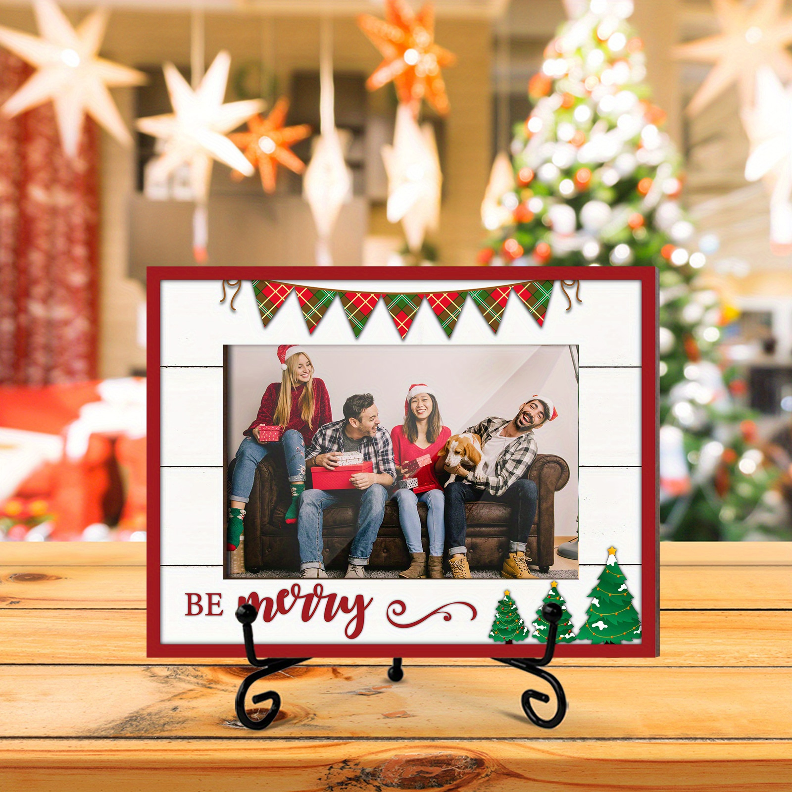 

Christmas Wooden Photo Frame With Metal Stand - Vintage Style Tabletop Display,