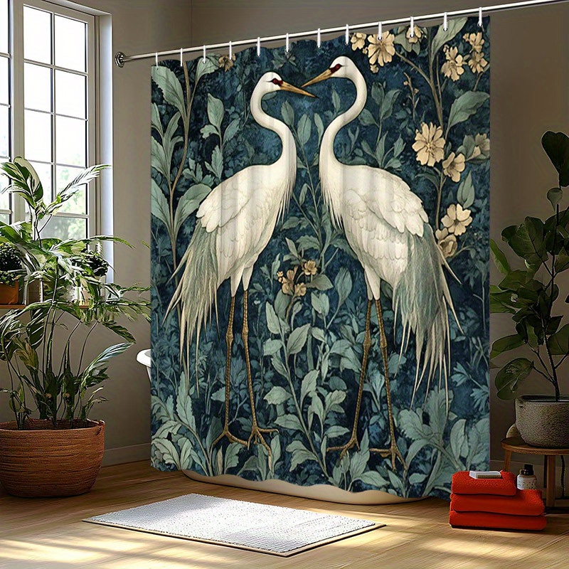 TEMU 1pc Elegant White & Shower Curtain With Necks Botanical Foliage Design, Style Polyester Bathroom Decor, 70.8x70.8 Inches, Includes 12 Hooks &