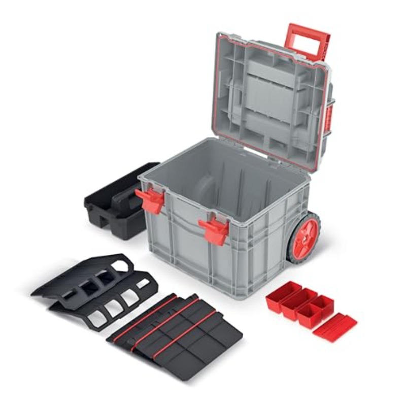 Kistnberg     40 Heavy-Duty Tool Storage Cart with Removable Dividers & Lockable Doors - 40-Tool Capacity,   Wheels, Durable ABS/Poly Carbon Construction, Gray & Red Heavy-Duty Organizer with 4 Drawers & Top Storage for Workshop, Garage,   - Ideal for Tradespeople & DIYers