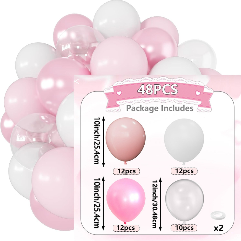 TEMU 48-delige Latex Ballonnen Sets, Inclusief: Maca Roze, Mat Wit, , Parel Poeder Ballonnen (Inclusief 2 Bandjes) en Sfeervolle Stijl, Geschikt voor