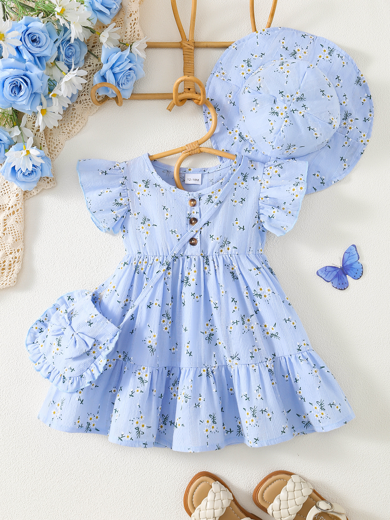 sachin and babi light blue dress 3pcs Casual Baby Girl Blue Dress Set, Small Floral Print and * * with Cute  Bag Bow Decoration and Sun Hat, Spring/* Drdoor Wedding Occasion, Sister  and Little Sister Dresses, Gift